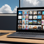 ** Digital portfolio on a laptop screen showcasing design projects, cloud storage icons in the background, symbolizing the importance of backing up work.

**