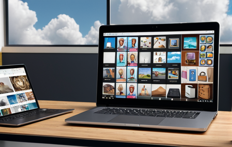 ** Digital portfolio on a laptop screen showcasing design projects, cloud storage icons in the background, symbolizing the importance of backing up work.
**
